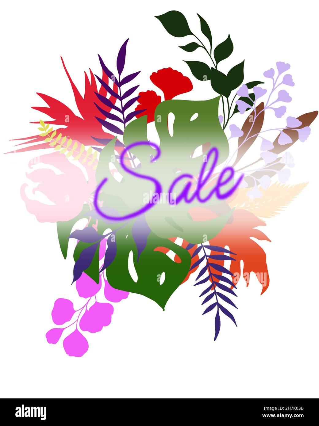 Schöne Sommer Verkauf Poster . Sammlung tropischer Blätter. Tropische Pflanzen und Blumen isoliert auf Weiß. Elemente für Ihr Design. Stockfoto
