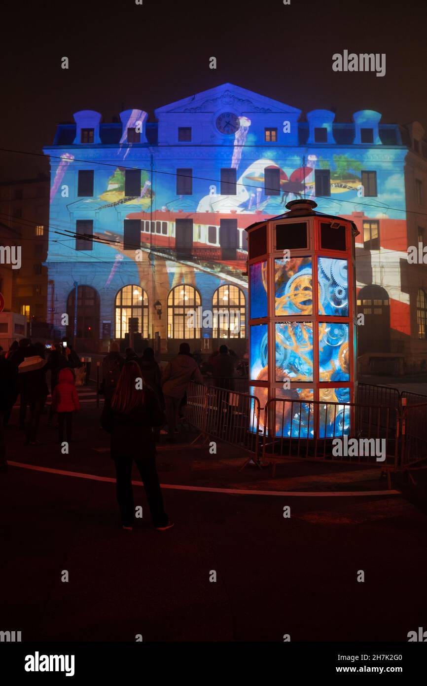 6. Dezember 2019, Lyon, Frankreich, Lichterfest. Visuelle Projektionen auf dem Bahnhof Saint Paul Stockfoto