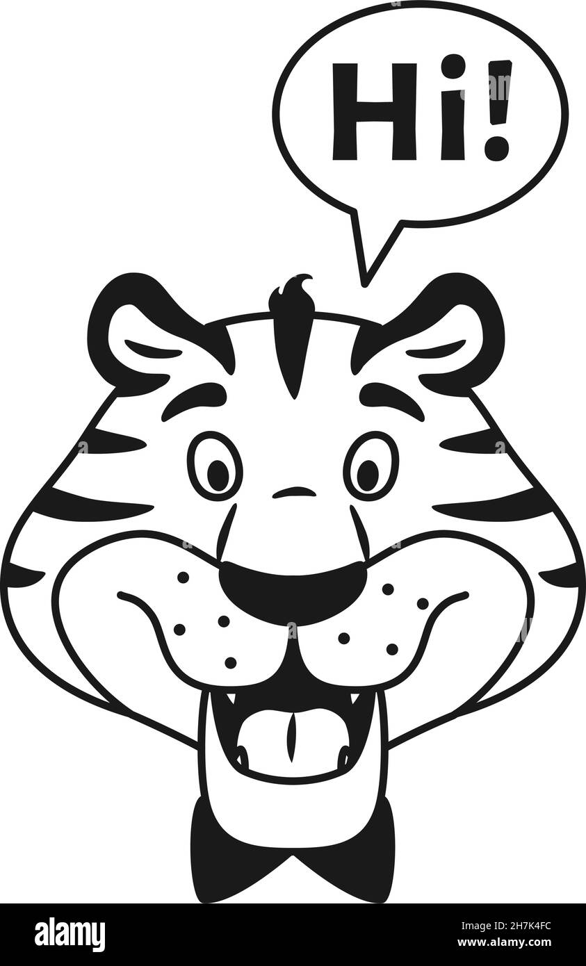 Schwarz-weiß umreiß sprechen glücklich Tiger sagen Hallo Stock Vektor