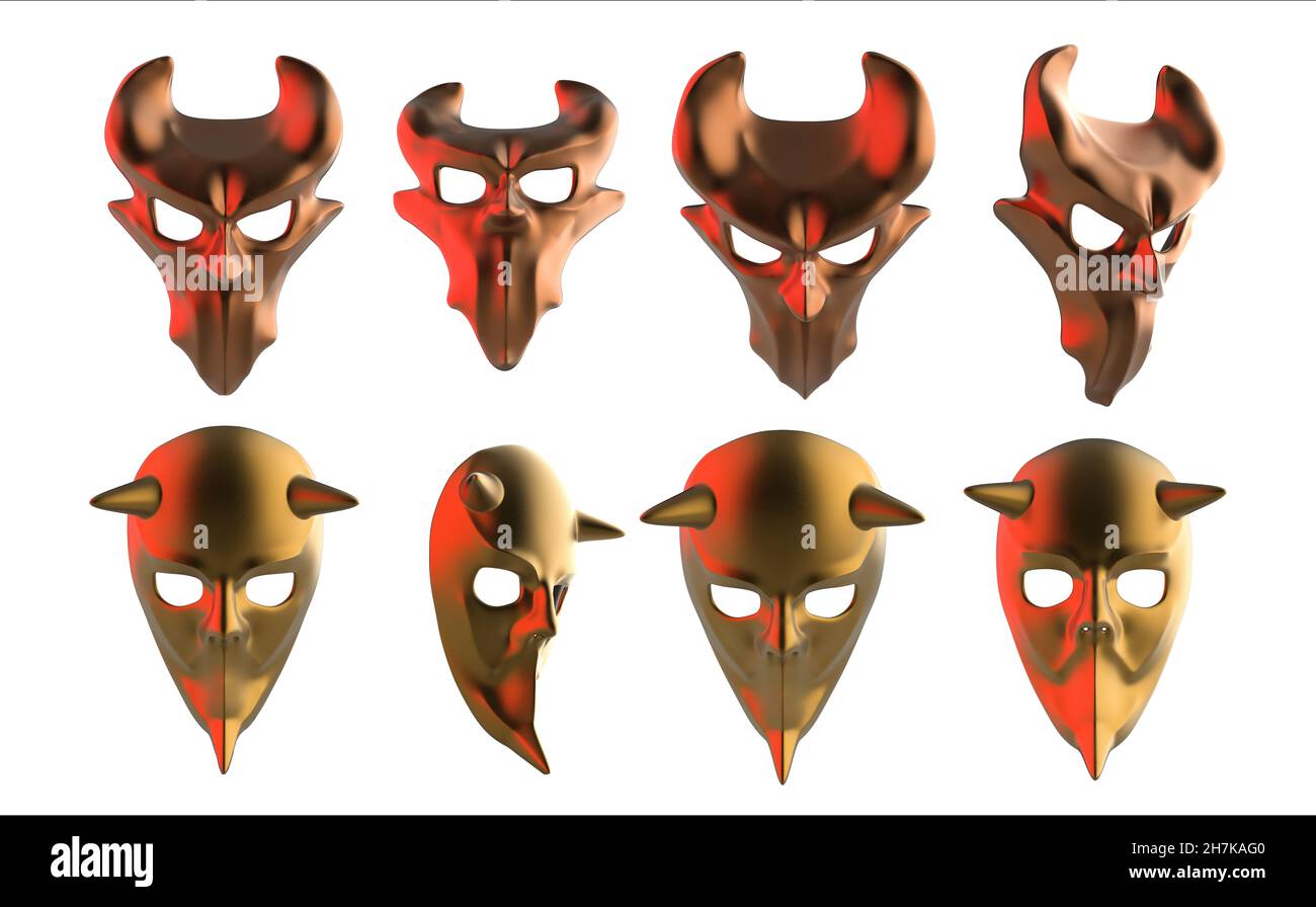 Isolierte 3D Render-Illustration von goldenen Metall okkulten dämonischen Masken mit roten Licht Tönung auf weißem Hintergrund. Stockfoto