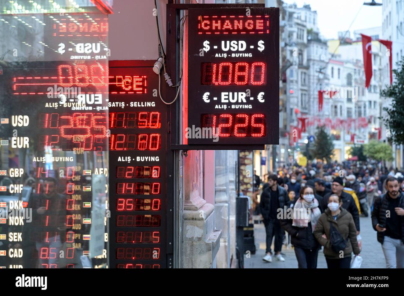 TÜRKEI, Istanbul, Beyoglu, Istiklal Caddesi Shopping Street, Geldwechsel türkische Lira, US-Dollar, Euro / TÜRKEI, Istanbul, Stadtteil Beyoglu, Einkaufsstraße Istiklal Caddesi zwischen Taksim und Tünel, Wechselstube, Geldumtausch 1 türkische Lira gleich 12,25 Euro oder 10,80 US-Dollar Stockfoto