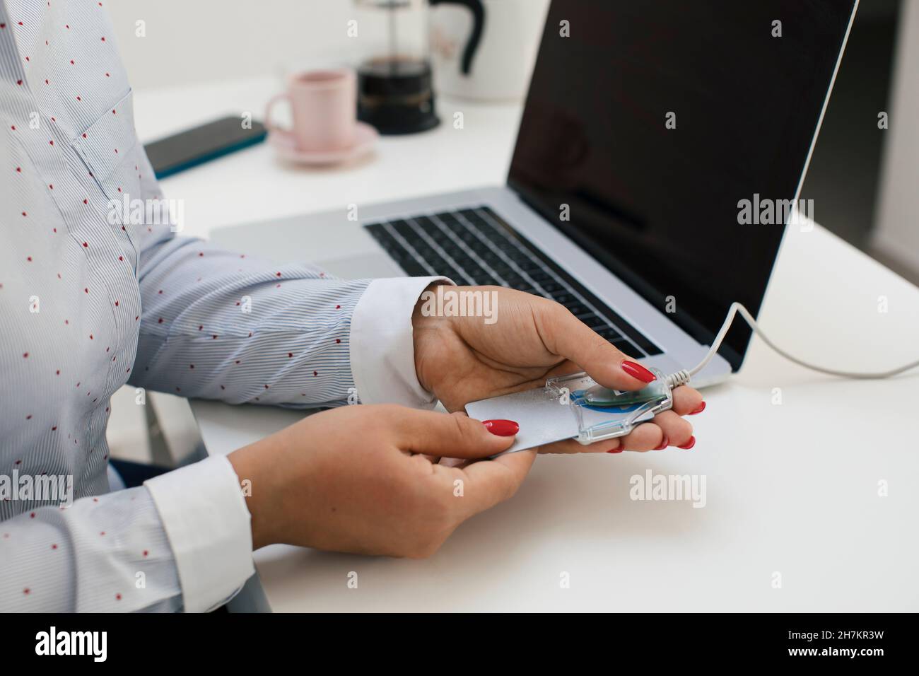 Freiberufliche Mitarbeiterin, die im Heimbüro Kreditkarten durch den Leser scannt Stockfoto