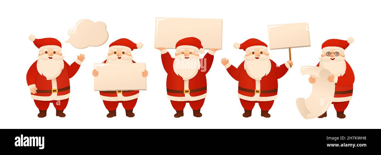 Weihnachten Weihnachtsmann mit leeren Schild Bord kopieren Raum. Lustiger Charakter und Werbebanner Set. Happy New Year Gratulation oder Verkauf, leeres Banner. Entwerfen Sie Weihnachtsmockup oder Postkartenvektor Stock Vektor