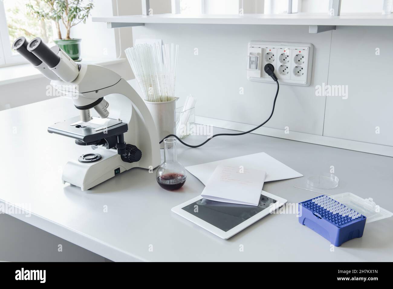 Medizinische Probe und Mikroskop am Schreibtisch Stockfoto