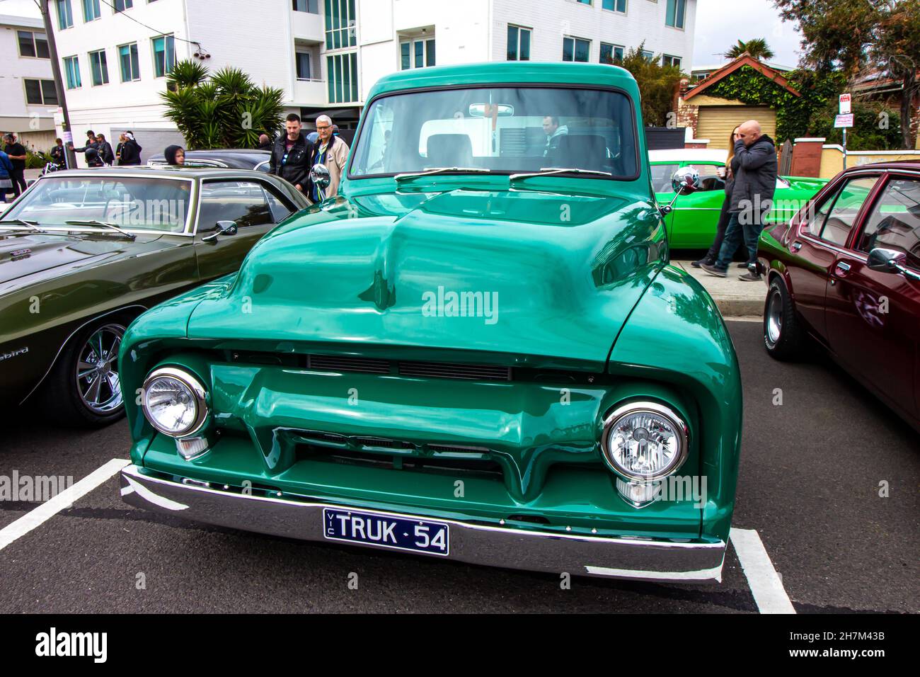 Green Classic Ute, Melbourne Car Show Vatertag. St Kilda, Victoria, Australien. Stockfoto
