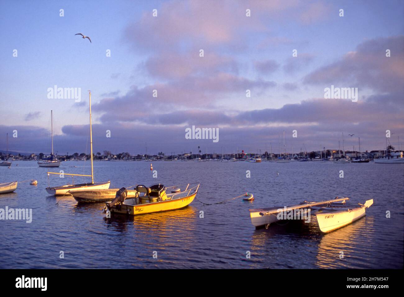 Boote in Balboa Bay bei Sonnenuntergang in Orange County, Kalifornien Stockfoto