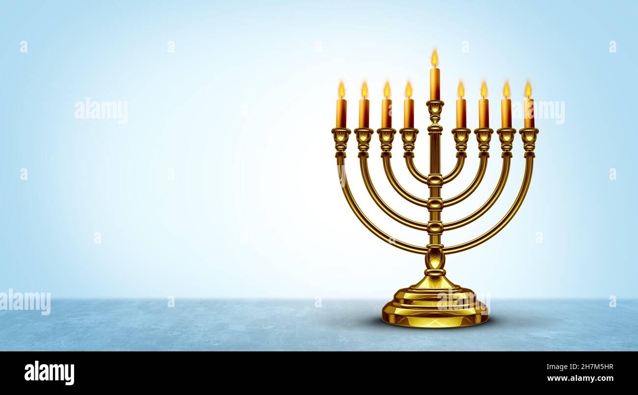 Hanukkah-Menorah-Symbol oder Chanukka-Kerzenständer mit angezündeten Kerzen als saisonales traditionelles Glaubenssymbol auf blauem Hintergrund als Illustration aus dem Jahr 3D. Stockfoto