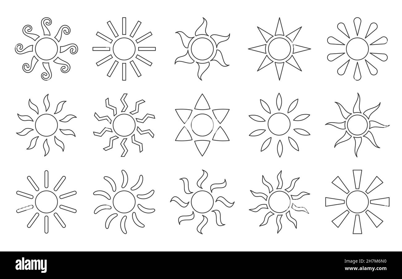 Sun Icon Boho Ethnic Tattoo schwarze Linie Set. Trendy Wetter Symbol stilisiertes Design mystische Dekor Abdeckung Splash Aufkleber Social Network Geschichten Web Design Collage minimal Ethno-Stil auf weiß isoliert Stock Vektor