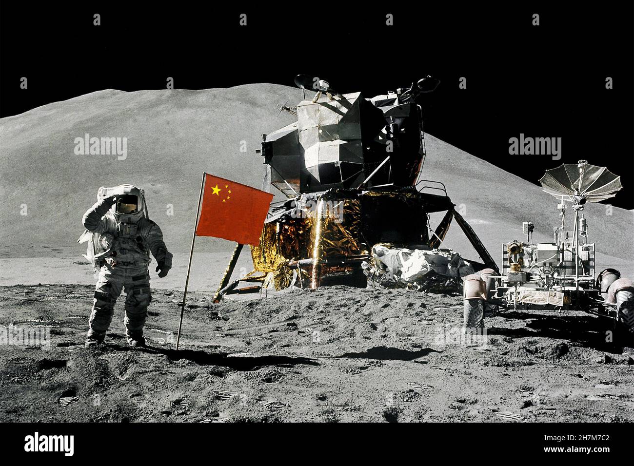 Fantasie über eine thematische Landung chinesischer Astronauten auf dem Mond. Elemente dieses Bildes, die von der NASA eingerichtet wurden Stockfoto