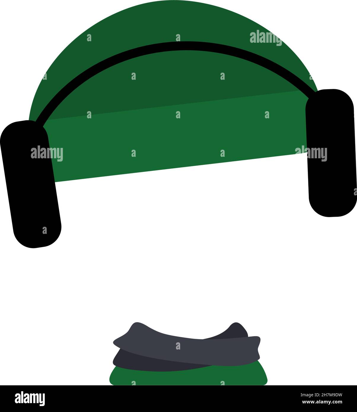 Strickmütze mit Kopfhörer und Schal für die kalte Jahreszeit. Schablone oder Rahmen für Kopf. Kopfschmuck, Kleidungsstück, Zubehör für Kinder. Vektorgrafik flach Stock Vektor