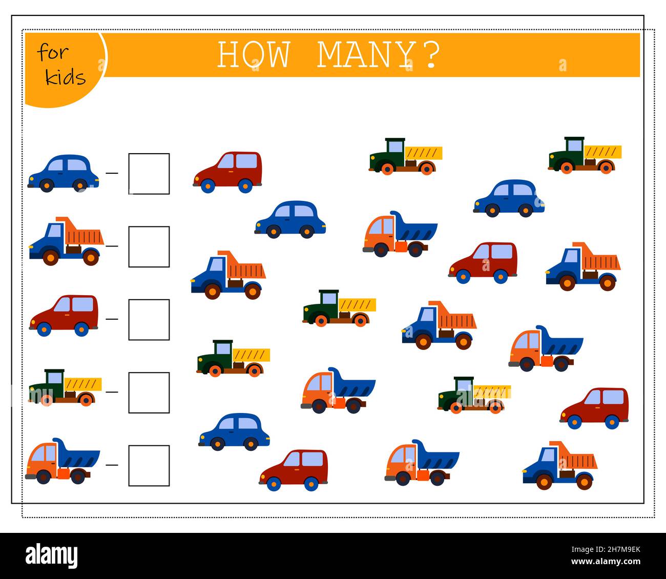 Kinder-Mathe-Spiel, zählen, wie viele von ihnen. Kinderspielzeug Autos. vektor Stock Vektor
