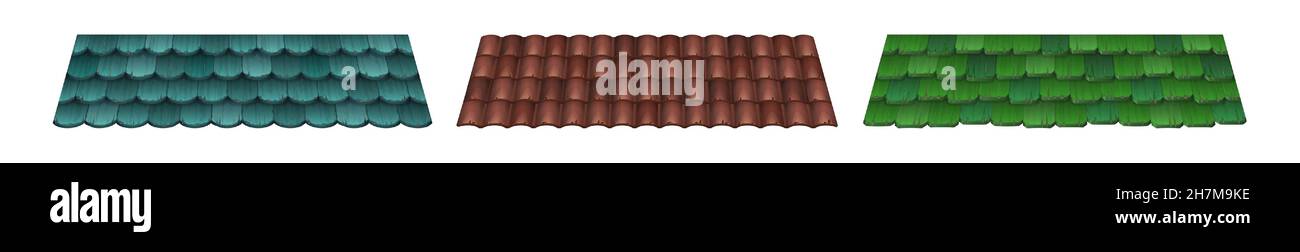 Dachziegel-Strukturen, traditionelle Hausdecke mit abgerundeten Holz- und wellenförmigen Tonfliesen. Vektor Cartoon Satz von blauen, grünen und braunen Dach von Gebäuden isoliert auf weißem Hintergrund Stock Vektor