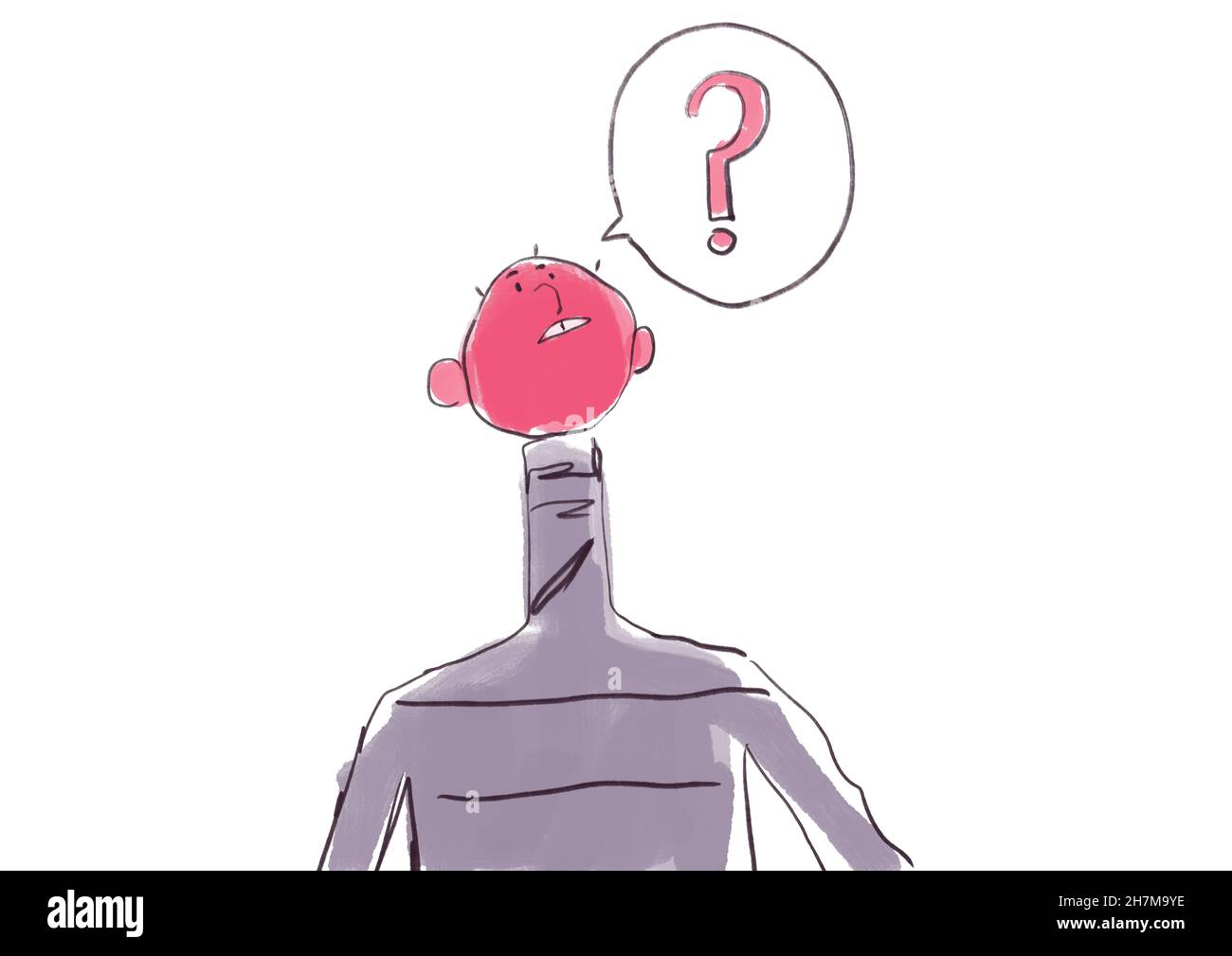 Sarkastischer kahlköpfiger Mann, sehr rosa Haut mit Sprechblase und Fragezeichen, fragt er sich, Cartoon und Streifen. Schöne Karikatur mit brillanten. Stockfoto