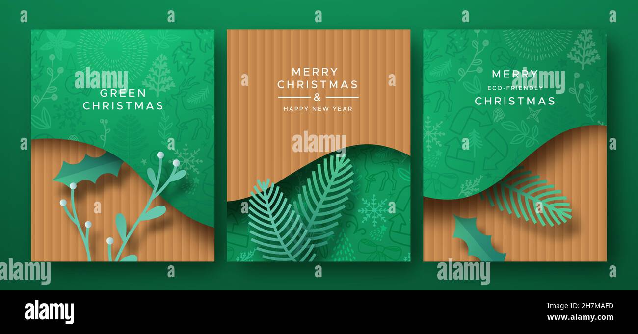 Frohe Weihnachten Frohes Neues Jahr grünes Papier geschnitten Grußkarten-Set. 3D Papercut Kiefernblatt mit umweltfreundlichem Doodle Hintergrund auf recyceltem Karton Stock Vektor