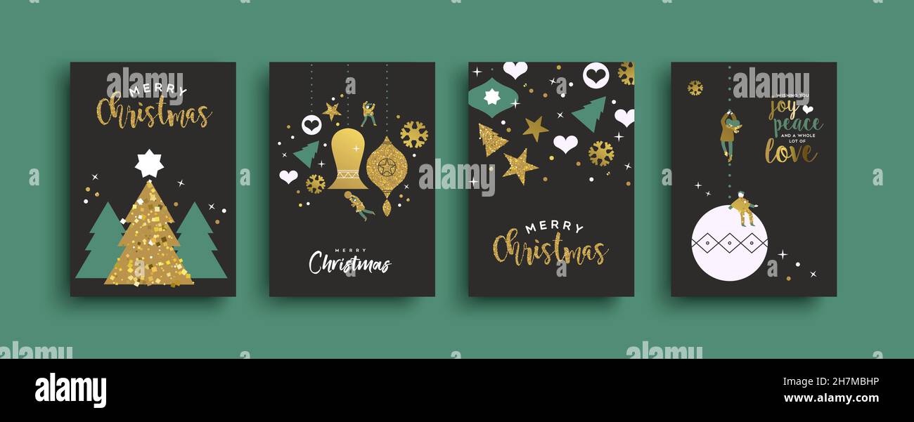 Frohe weihnachten Elegantes Grußkarten-Set. Kleine Menschen Figuren spielen mit Feiertag Ornament Kugeln aus Gold Glitter. Stock Vektor