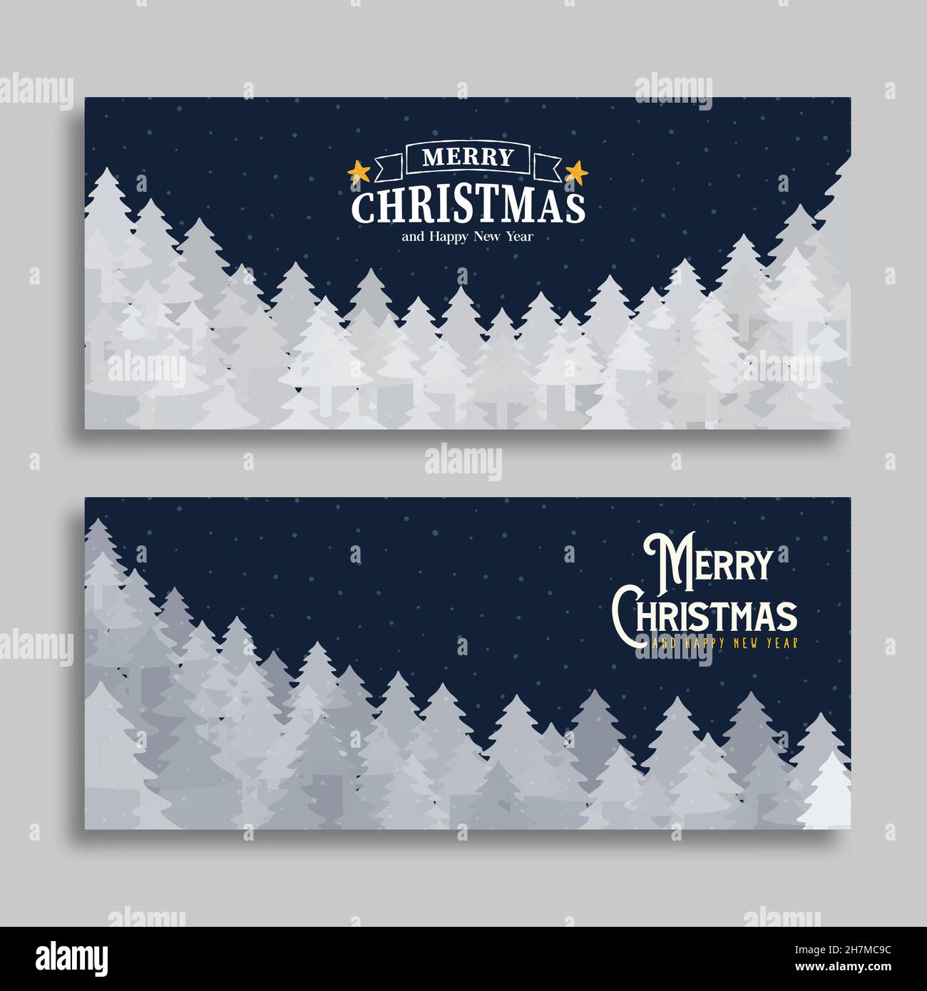 Frohe Weihnachten Grußkarte Set aus weißem Schnee Kiefernwald in handgezeichneter Stil. Weihnachten Cartoon-Design für Jahreszeiten Grüße oder Party-Einladung. Stock Vektor