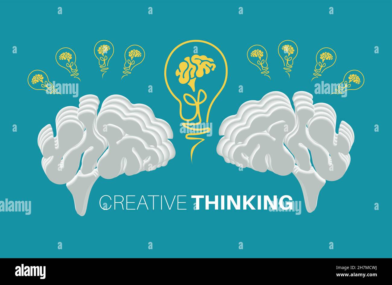 Kreatives Denken, kreatives Ideenkonzept mit Gehirnlampen, Hintergrund. Flaches Design. Perfekt für Poster, Flyer, Präsentationen oder Broschüren. Stock Vektor