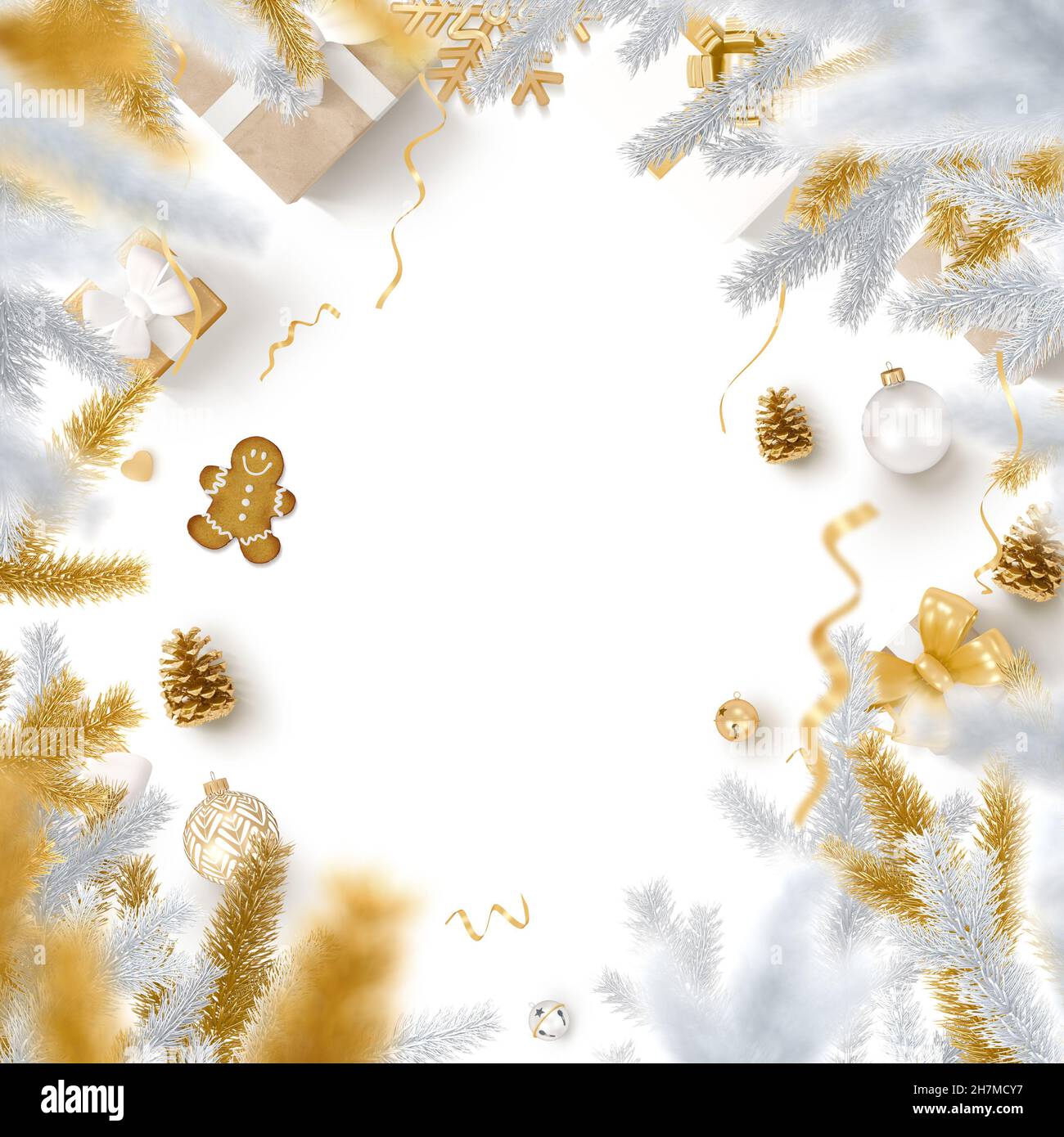 Das Weihnachtsquadrat weiß blank Hintergrund mit Gold Geschenkbox, dekorative Dekoration Grenze Stockfoto