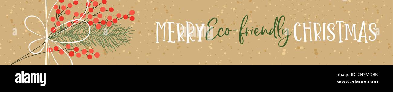 Fröhliche umweltfreundliche Weihnachten Web-Banner Illustration von recyceltem Geschenkpapier mit grünen Winter Natur Dekoration. Umweltschutzkonzept für Stock Vektor