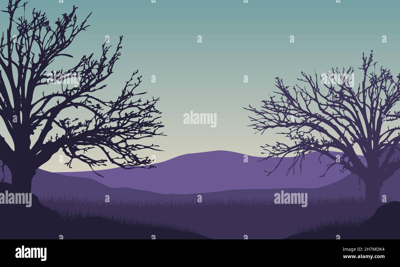 Eine fantastische Aussicht auf die Berge mit trockenen Baumsilhouetten aus dem Dorf bei Sonnenaufgang am Morgen. Vektordarstellung einer Stadt Stock Vektor