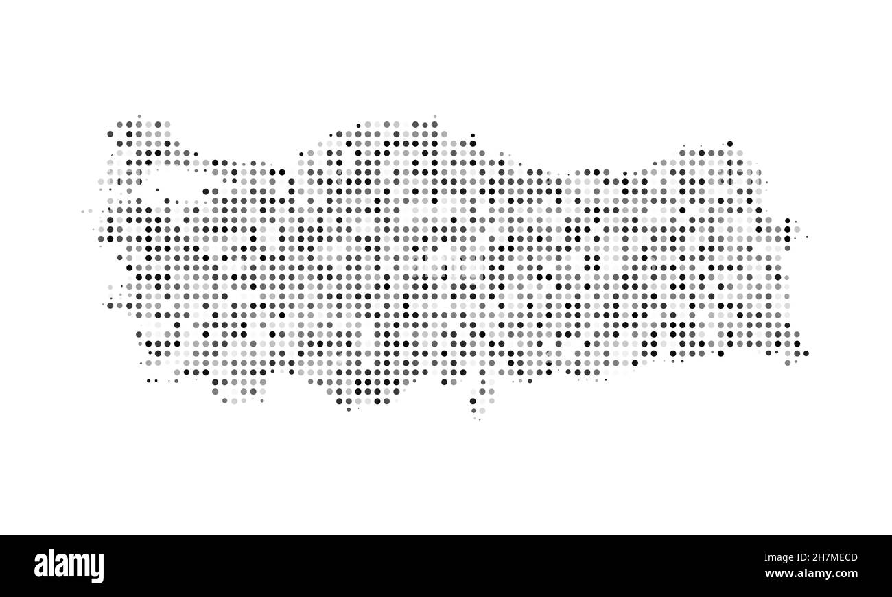 Abstrakte gepunktete Schwarz-Weiß-Halbtoneffekt-Vektorkarte der Türkei. Landeskarte digitale gepunktete Design-Vektor-Illustration. Stock Vektor