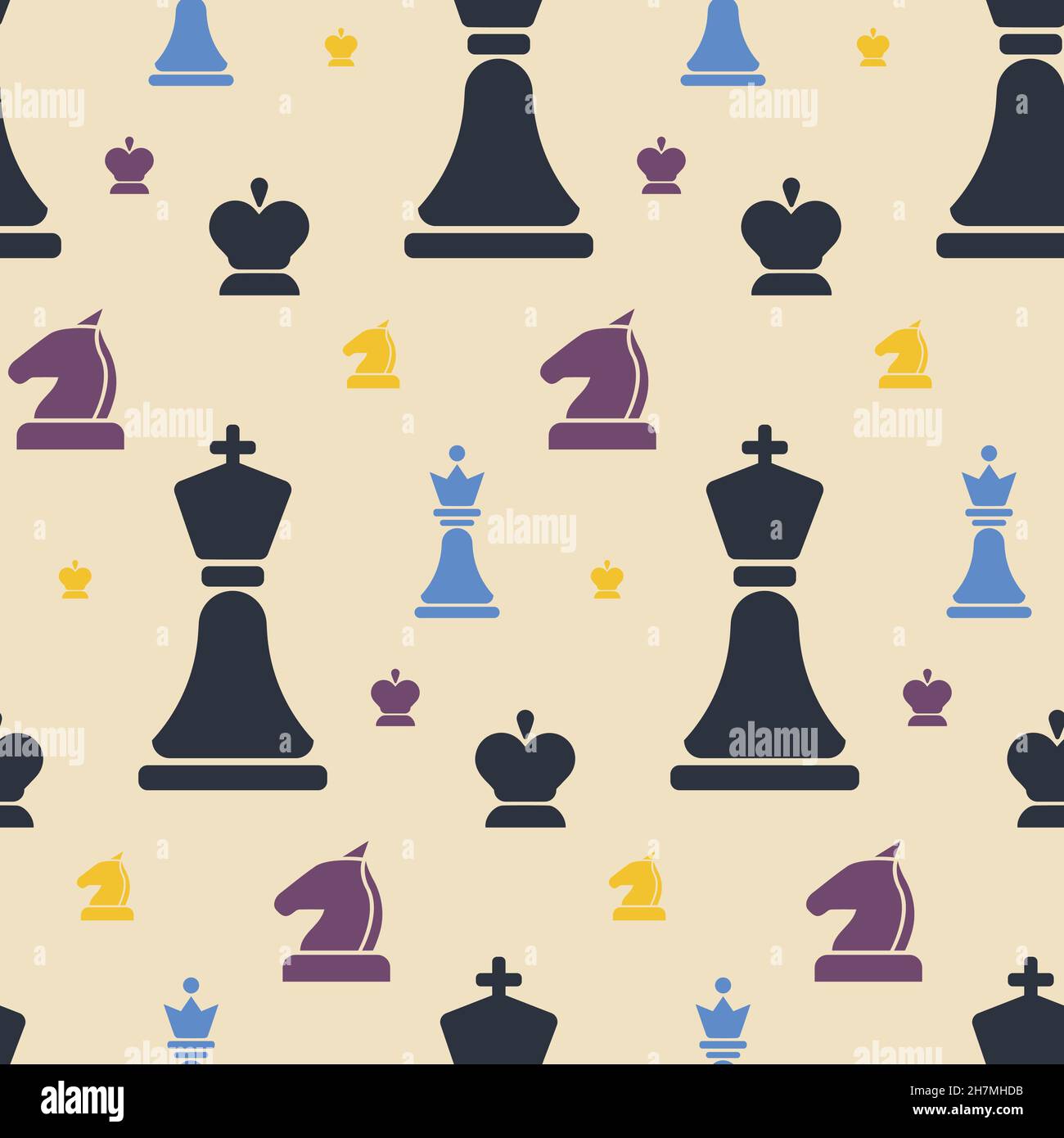 Nahtloses Muster mit mehrfarbigen Schachfiguren. Textur mit verschiedenen Elementen im flachen Stil. Stock Vektor