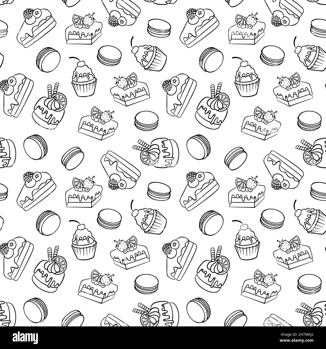 Nahtloses Muster mit Kuchen und Makronen. Doodle Desserts auf weißem Hintergrund. Vektorgrafik. Stock Vektor