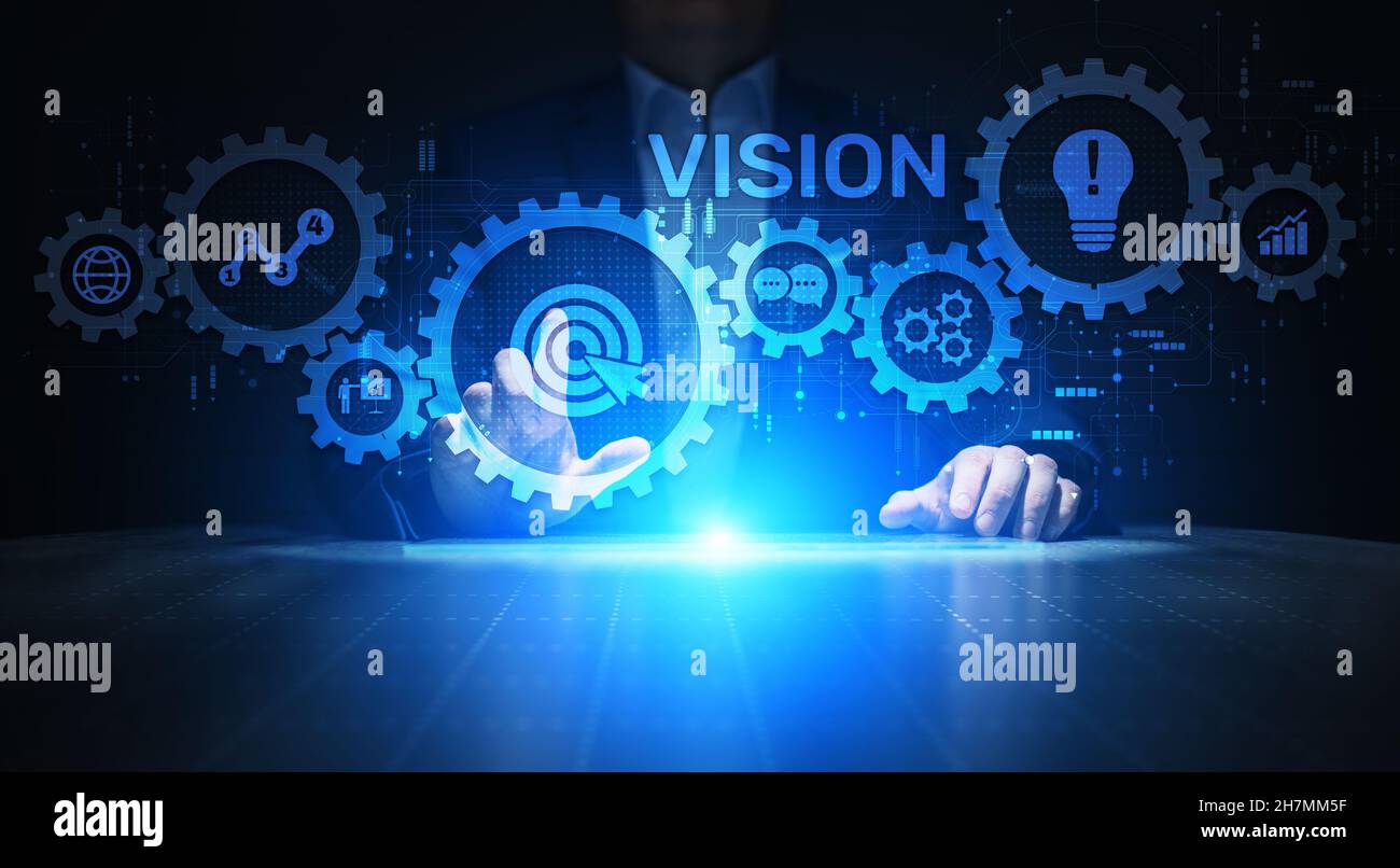 Vision Mission Business Development Strategiekonzept auf virtuellem Bildschirm. Stockfoto