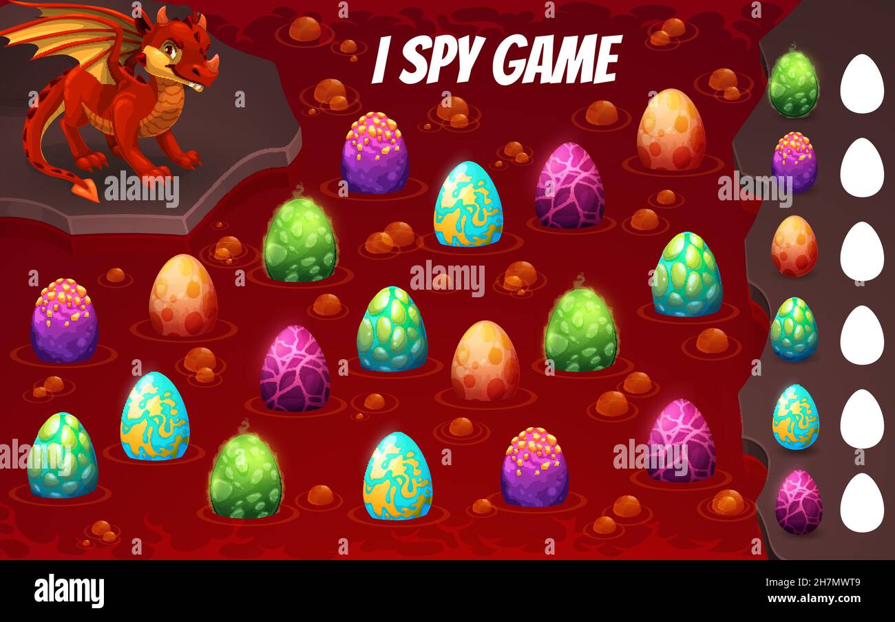 Ich spioniere Spiel Arbeitsblatt des Cartoon roten Drachen mit Eiern in der Höhle. Vector Zählen Puzzle-Spiel, Kinder Bildung Rätsel oder Mathe-Test, finden und zählen Eier von Stock Vektor