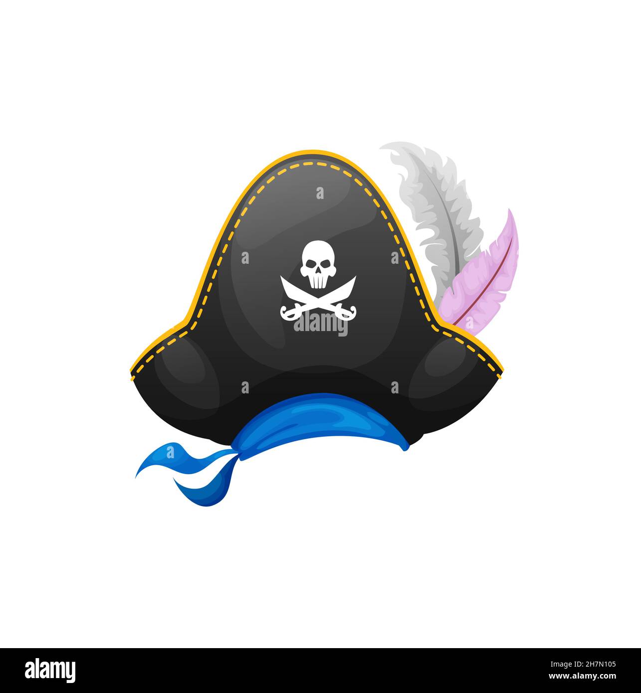 Piratenhut mit ruckligen roger Totenkopf mit gekreuzten Knochen, verziert mit Federn und blauer Bandana isolierter Matrosenmütze. Vector karibik Kapitän Kopfbedeckung, Ha Stock Vektor