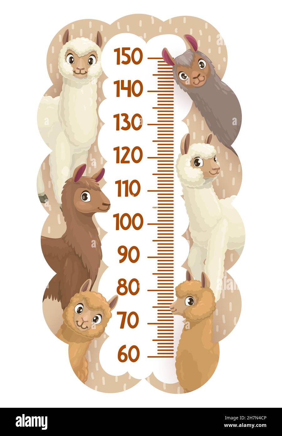 Höhendiagramm oder Wachstumsmaß Lineal mit lama, Alpaka, Guanaco und vicuna Cartoon-Vektor-Tiere. Kinder Höhendiagramm Maßstab mit lustigen niedlich Stock Vektor