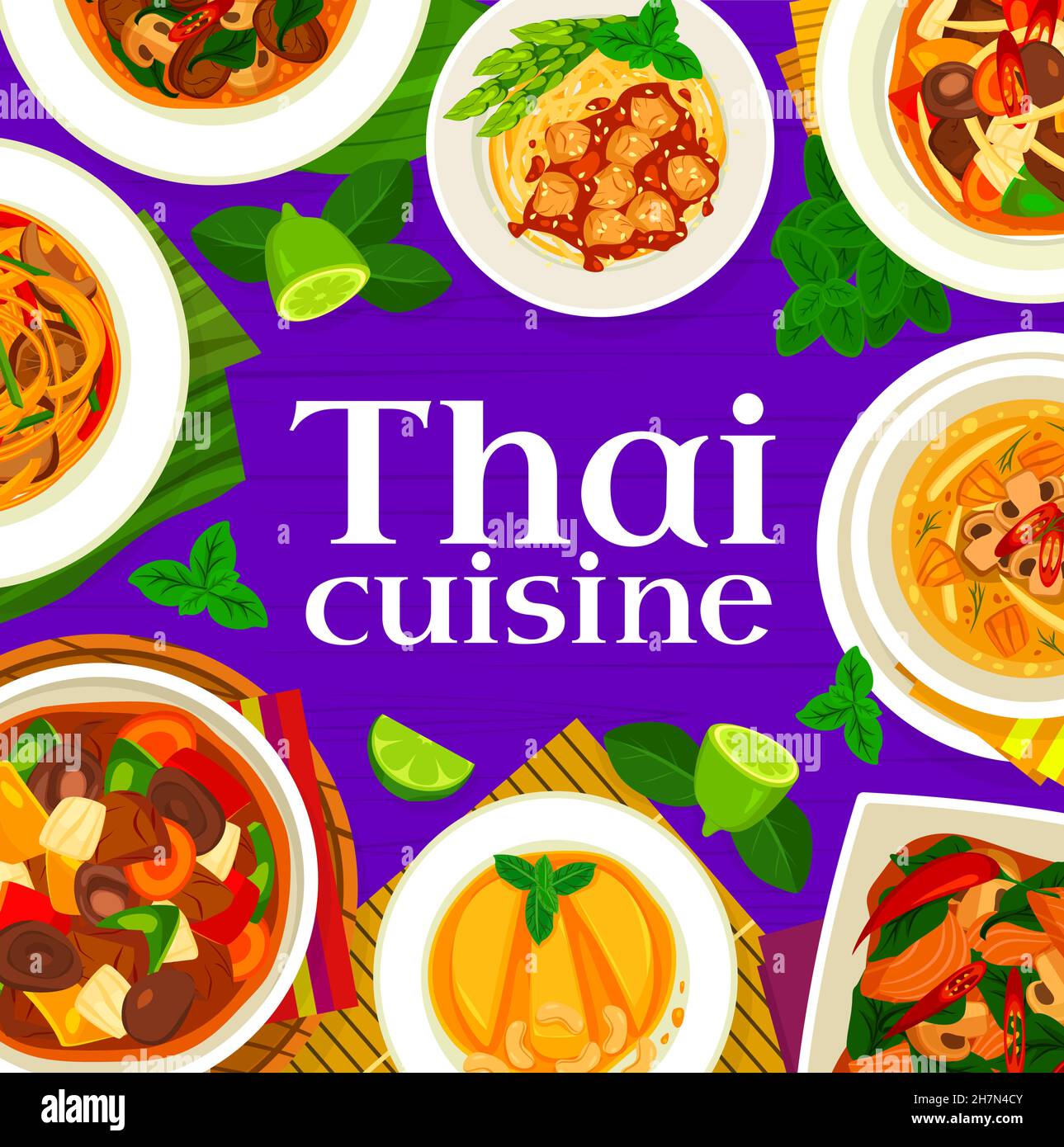 Thai Cuisine Menü Abdeckung Design Vorlage. Gebratene Ananas mit Cashew, Pilzcry, Basilikum, Lachs und Ingwer-Rind-Braten, Rindfleisch in Austernsauce, ri Stock Vektor