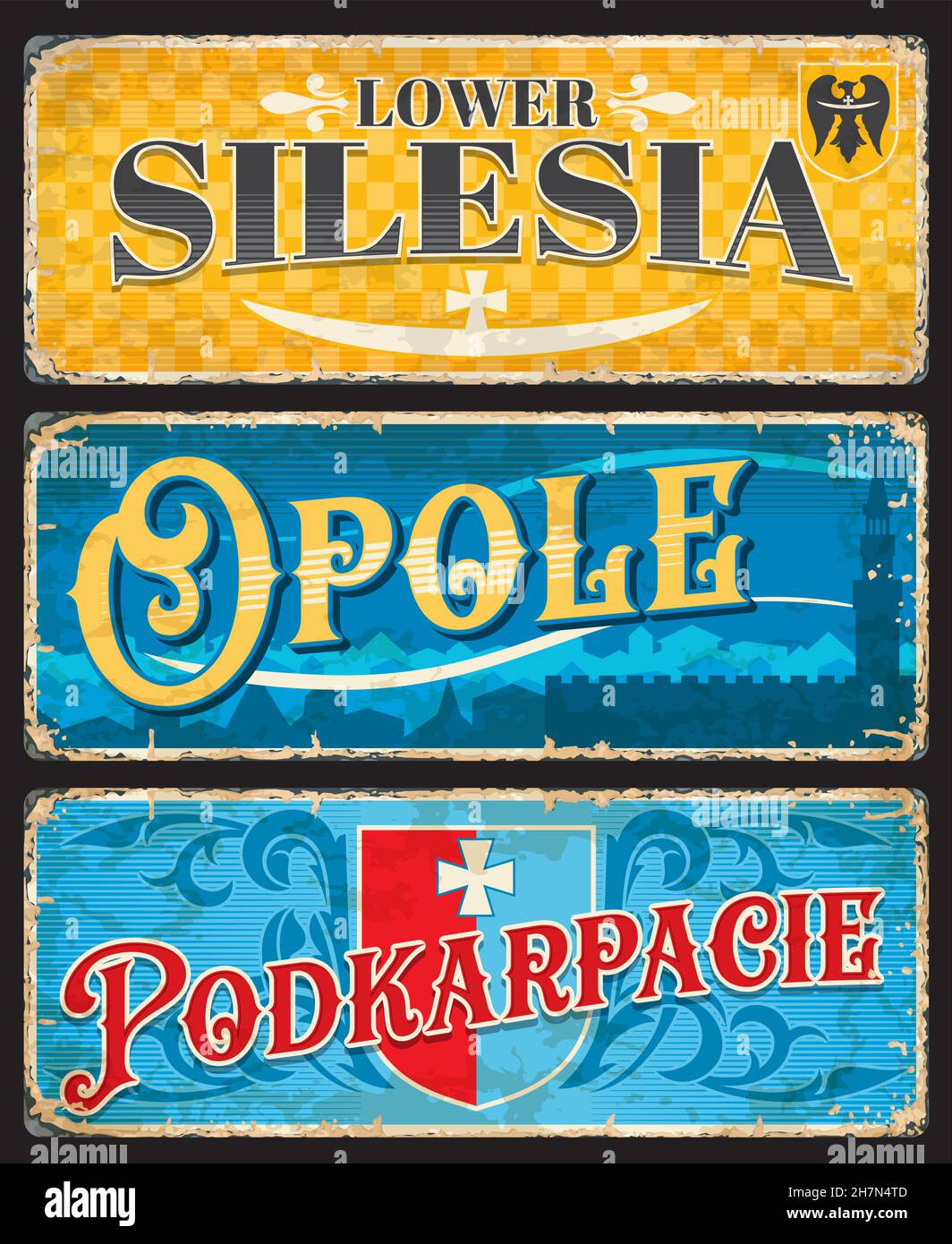 Niederschlesien, Opole, Podkarpacie Polish woiwodschaft Platten und Reise-Aufkleber. Vector Vintage Banner mit Polen touristischen Wahrzeichen Moszna Burg A Stock Vektor