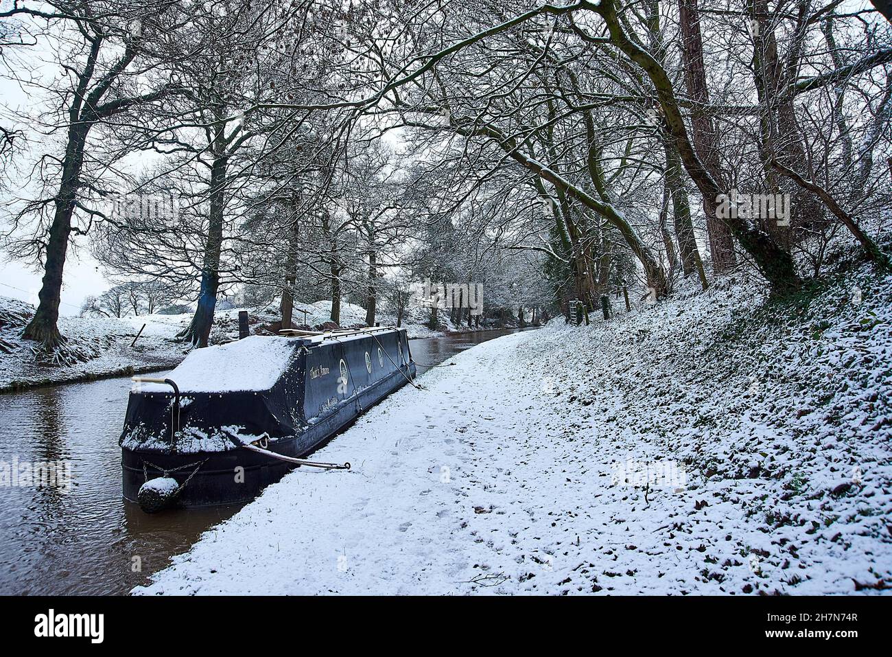 narrowboat wurde im Schnee an einen abgelegeneren Treidelpfad gebunden, umgeben von Bäumen in Keshire Stockfoto