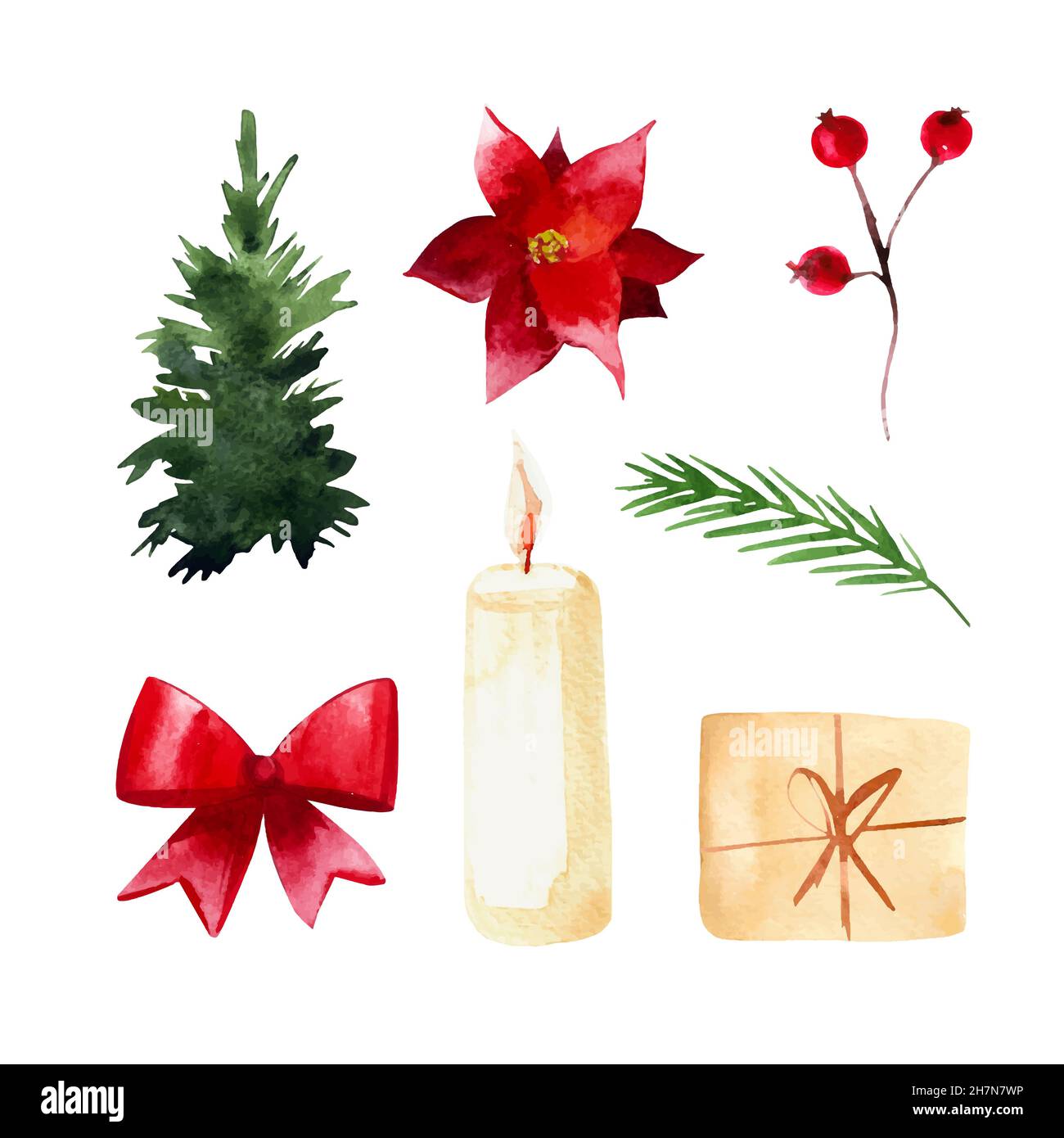 Aquarell Weihnachten Set auf einem Kiefernzweig, Kerze, Weihnachtsstern, Beeren, weihnachtsbaum Geschenk Stock Vektor