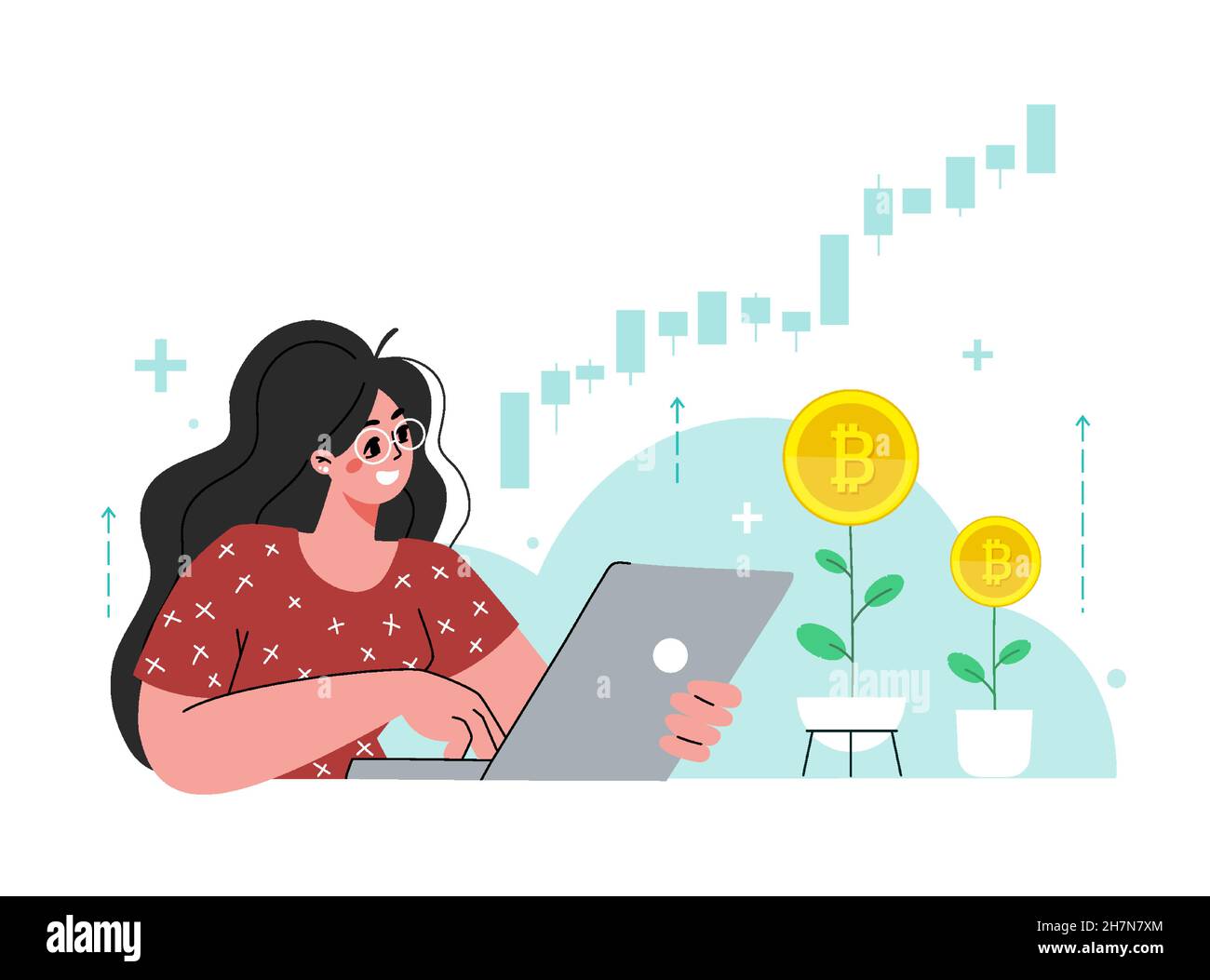 Das Mädchen sitzt am Laptop. Die Frau investiert in den Bitcoin-Aktienmarkt. Steigende Rate, Einkommensgewinn, mehr Geld. Junge Generation.Vektor flach illustrati Stock Vektor