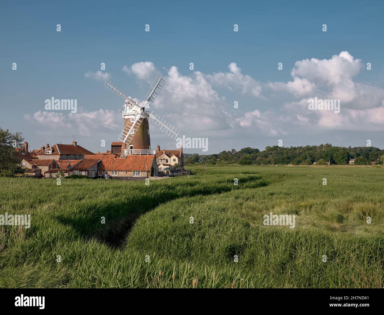 Mit Blick über die Schilfbetten von Cley Marshes nach Cley Windmill/Towermill, North Norfolk Heritage Coast Village of Cley next the Sea, England, Großbritannien Stockfoto