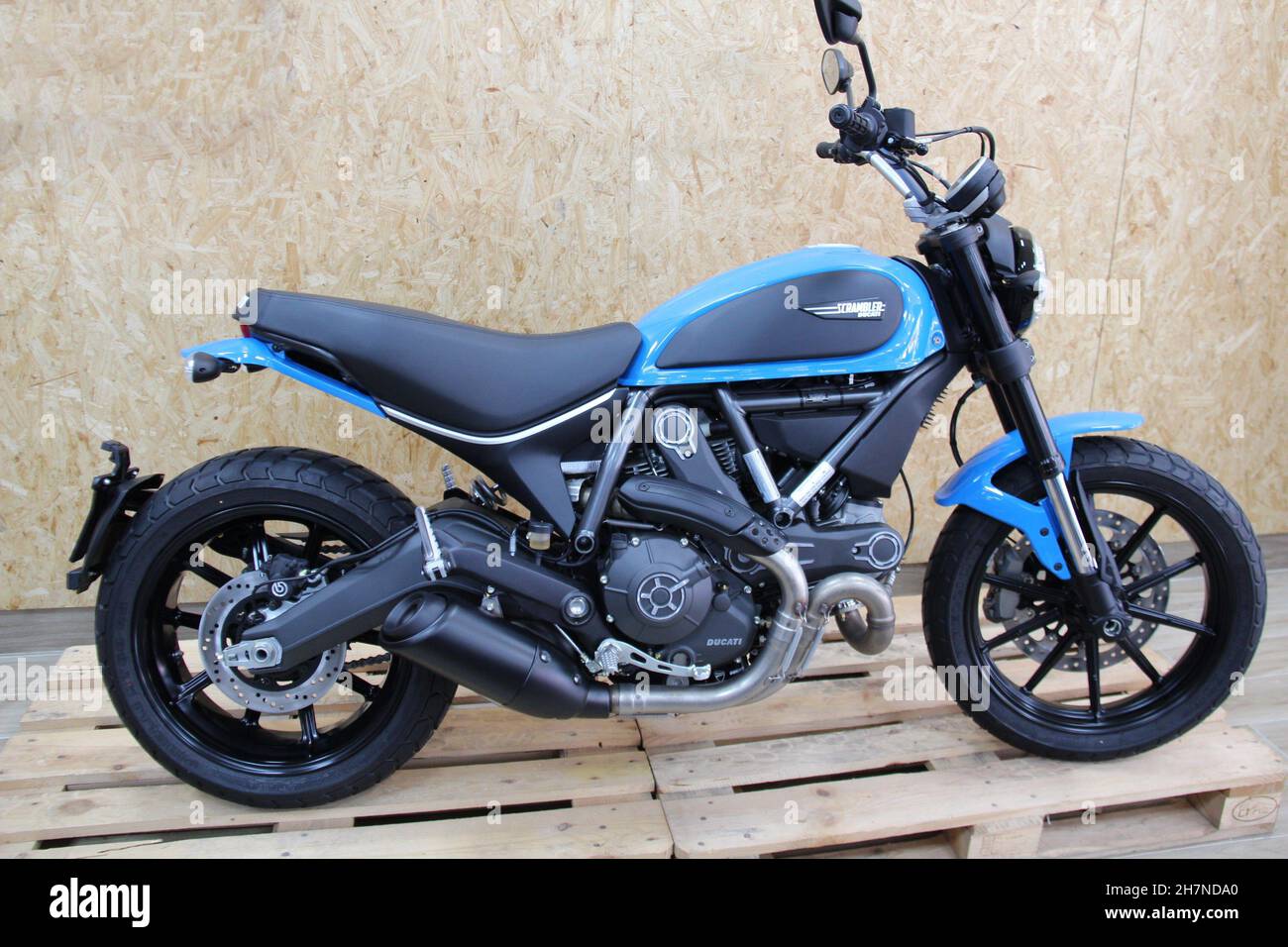 Ducati Scrambler Motorrad: Icon-Modell, mit kundenspezifischer Farbe in blau, Panoramablick, isoliert. São Paulo - São Paulo - Brasilien. März 2017. Stockfoto