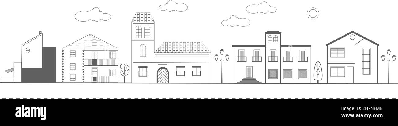 Monochrome Stadtlandschaft mit Wohnhäusern und Geschäften.Stadtstraße mit modernen Häusern, Villen und einer Kirche. Stock Vektor