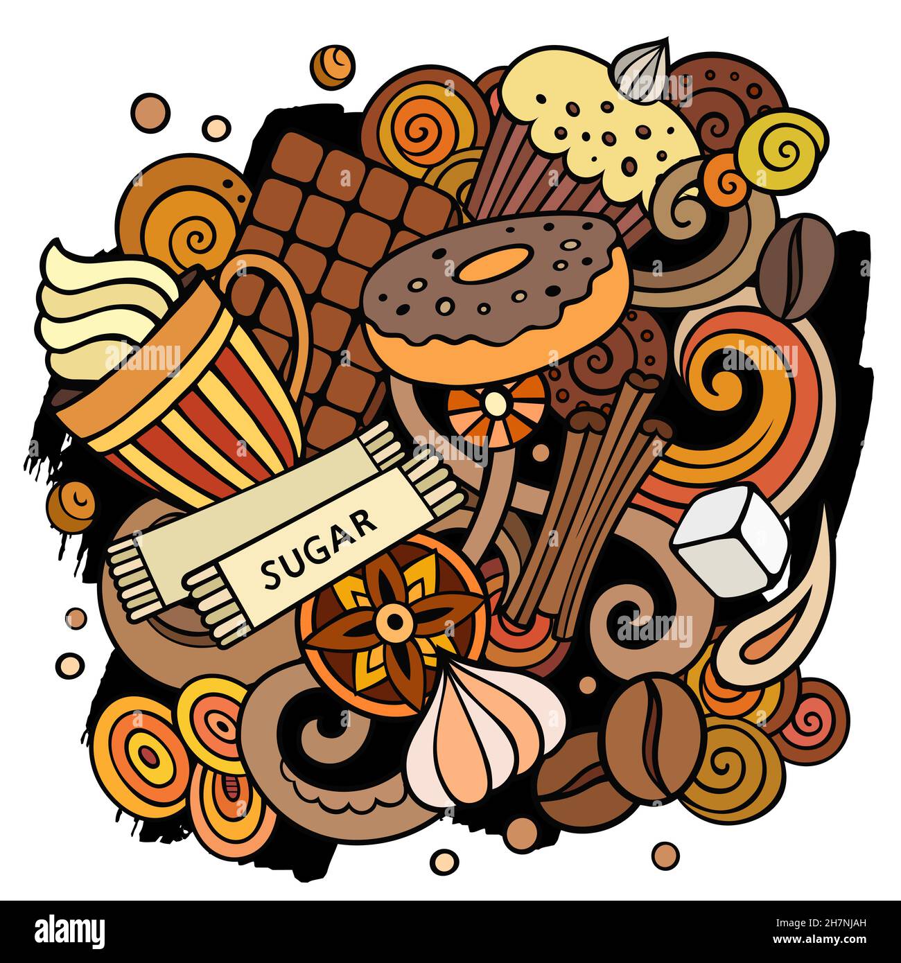 Cartoon-Vektor-Kritzeleien Coffee House Illustration. Bunt, detailreich, mit vielen Objekten im Hintergrund. Alle Objekte getrennt. Helle Farben Cafe lustig Stock Vektor