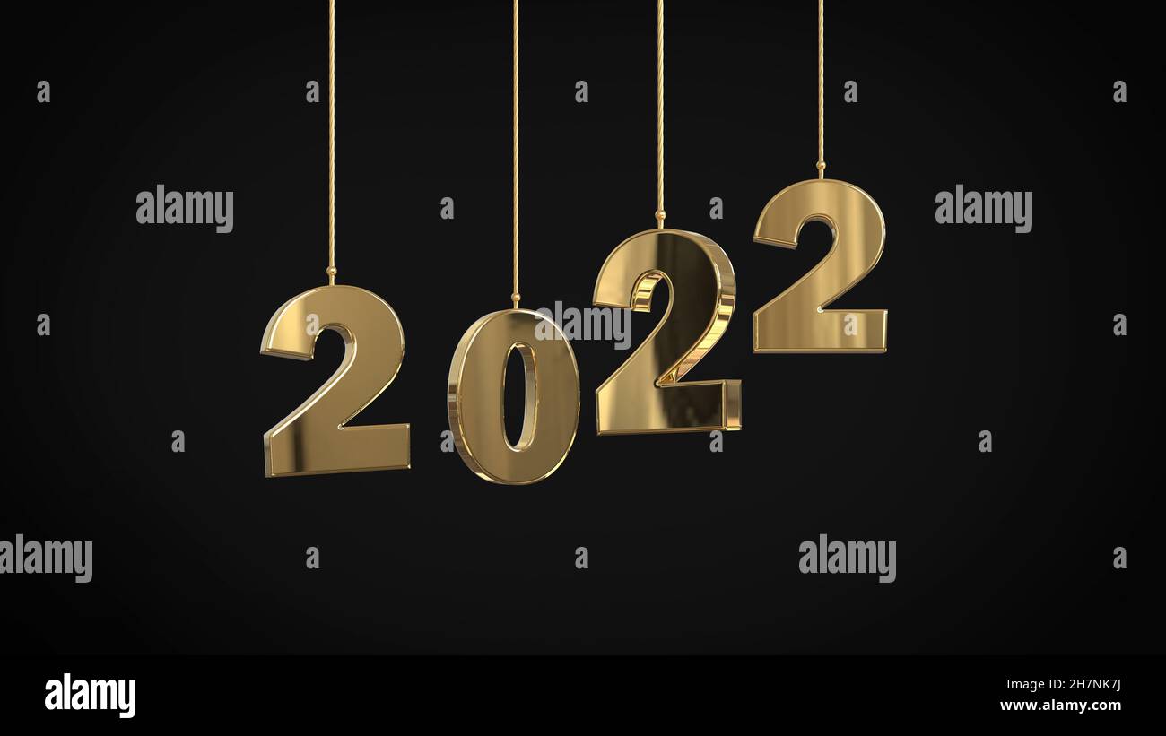 Happy 2022 Neujahr glänzende goldene Zahlen hängen auf Saiten isoliert auf schwarz 3D Illustration Stockfoto