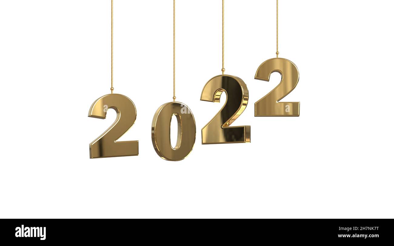 Happy 2022 Neujahr glänzende goldene Zahlen hängen auf Saiten isoliert auf weißer 3D Abbildung Stockfoto