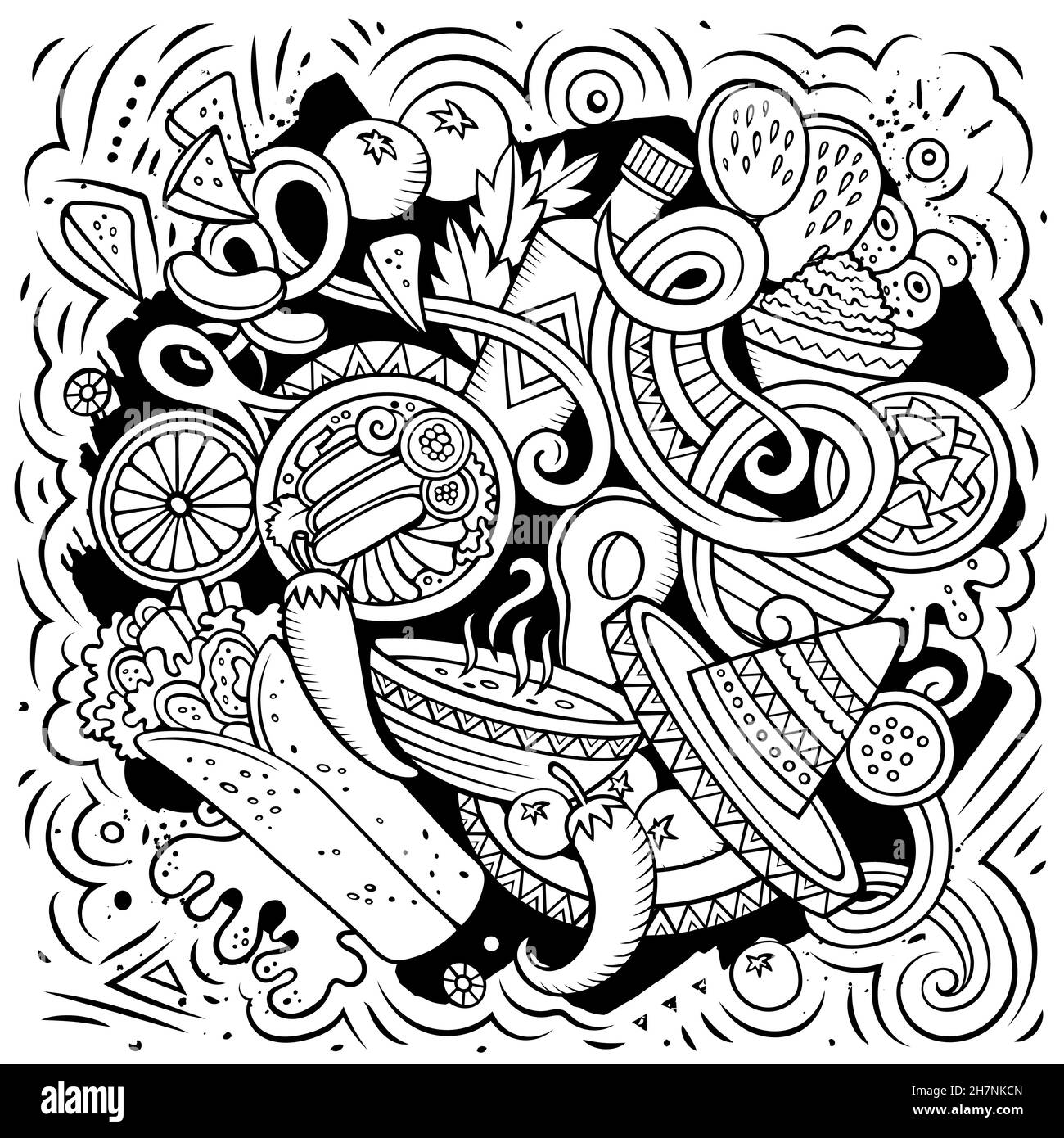 Mexikanische Lebensmittel handgezeichnete Vektor-Doodles Illustration. Kuche-Poster. Mexica Menü Elemente und Objekte Cartoon Hintergrund. Alle Elemente sind getrennt Stock Vektor