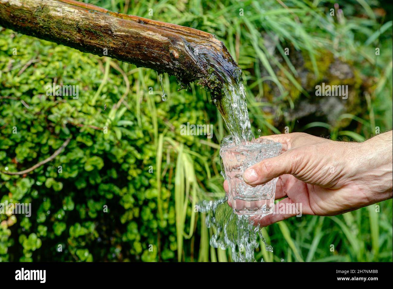 Ein Mann hält ein Glas unter einem Brunnen, aus dem immer noch sauberes Trinkwasser fließt. Stockfoto