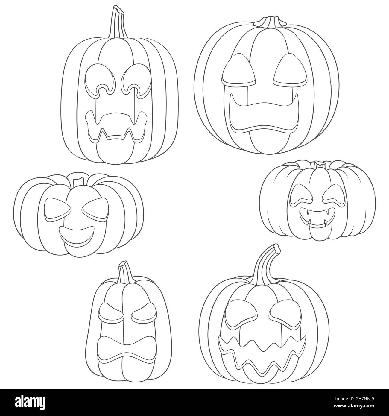 Set aus schwarzen und weißen Kürbissen mit Gesichtern für Halloween. Isolierte Vektorobjekte auf weißem Hintergrund. Stock Vektor