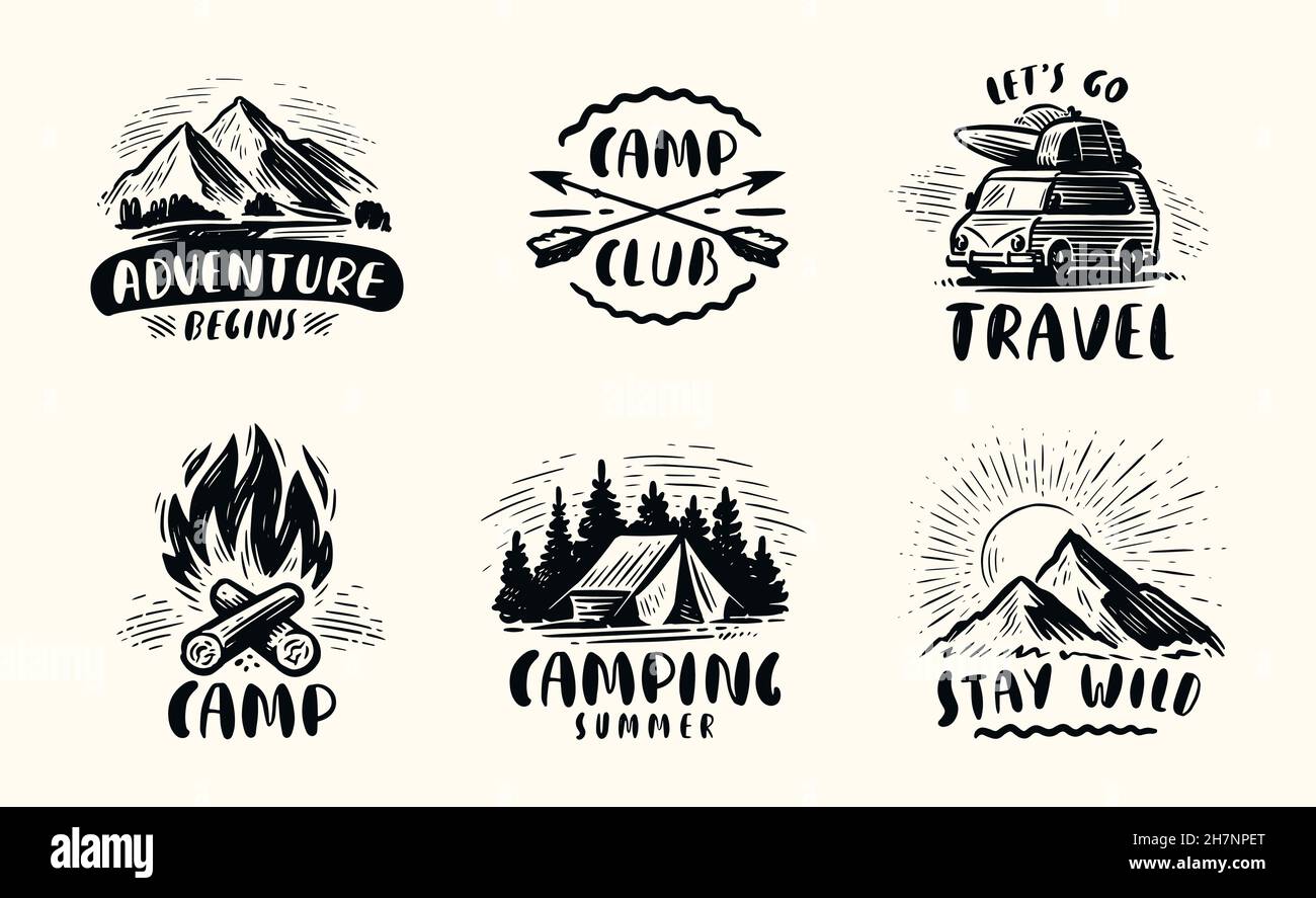 Sommercamp-Badge-Set. Reisekonzept. Vintage Typografie Design-Elemente Stock Vektor