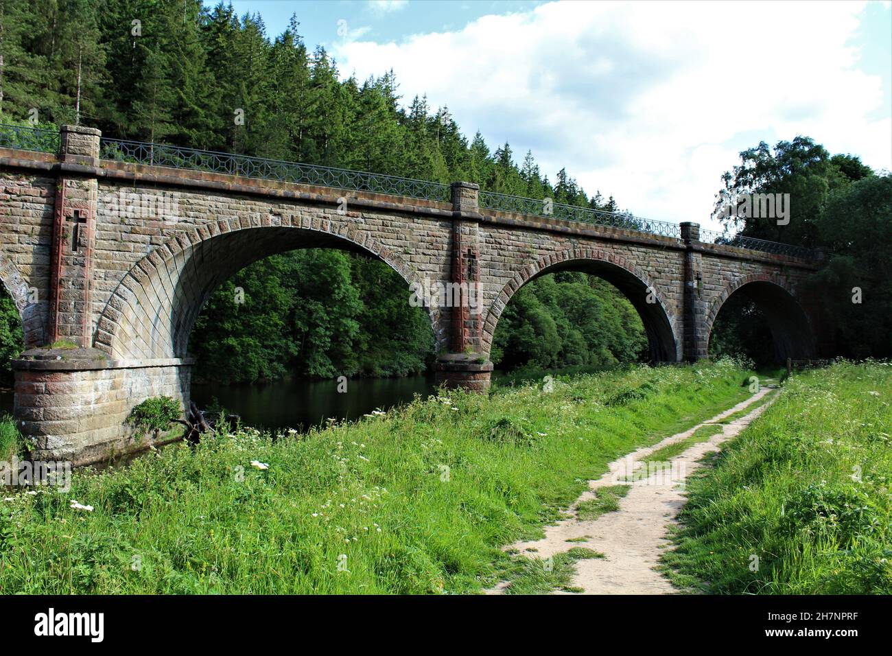 Neidpath Viadukt über den Fluss Tweed im Sommer. (Peebles, Schottland) Stockfoto