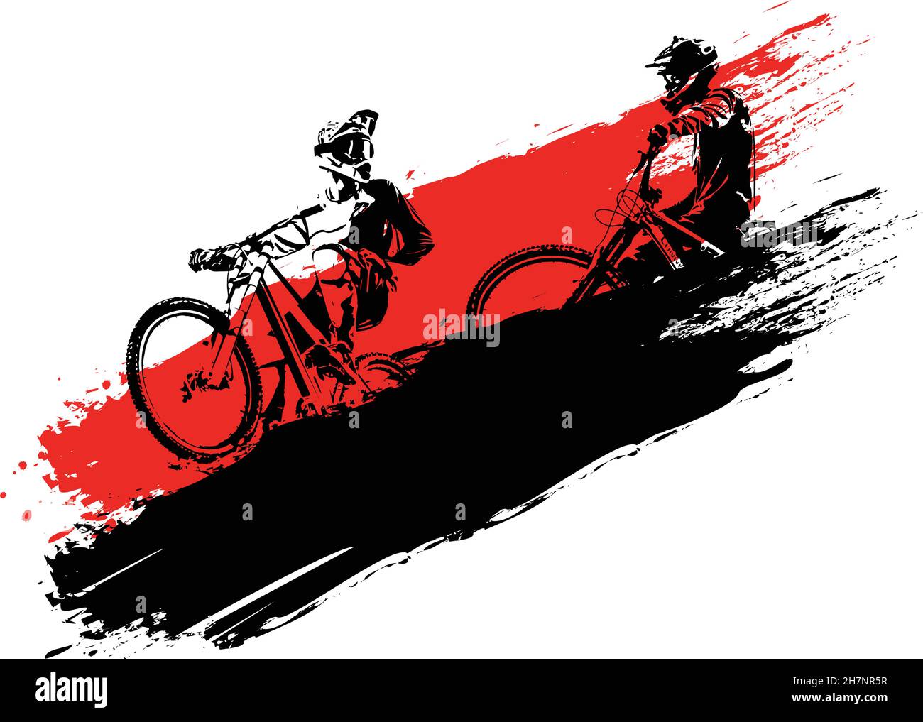 Downhillfahren Mountainbike Illustration Silhouetten von Mountainbikern. Grunge-Stil. Stock Vektor