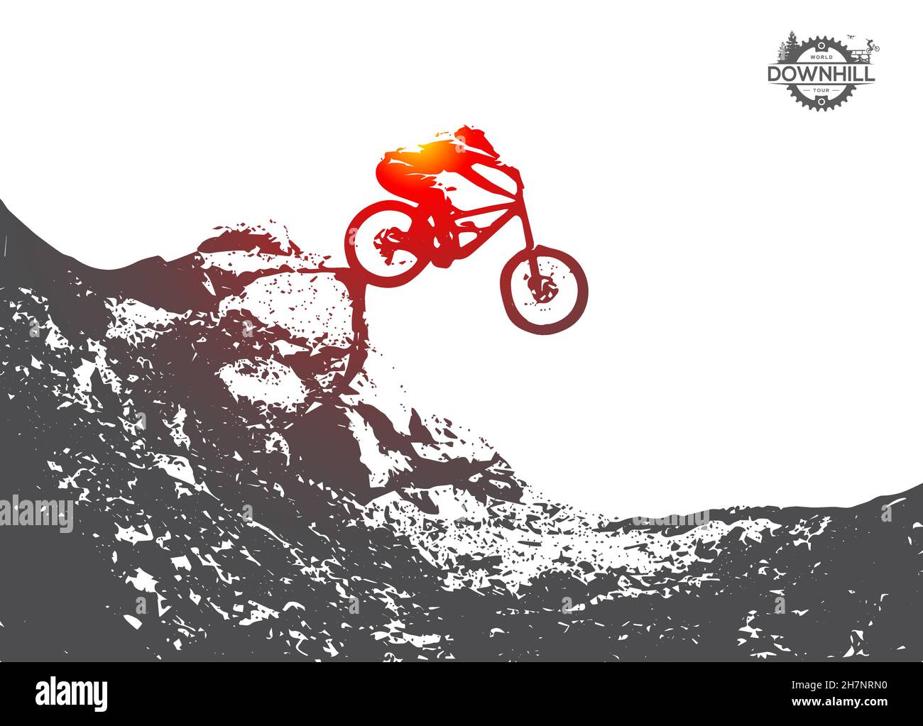 Mountainbiken, Downhillfahren, Freeride, Extremsport Illustration. Vektordarstellung. Springen von einer Schanze auf dem Fahrrad Stock Vektor
