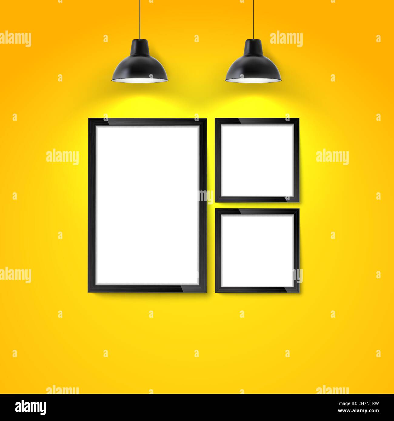Fotokunst Galerie mockup. Bilderrahmen an der gelben Wand mit Hängelampe. Leerer Fotorahmen oder Postervorlage. Stock Vektor